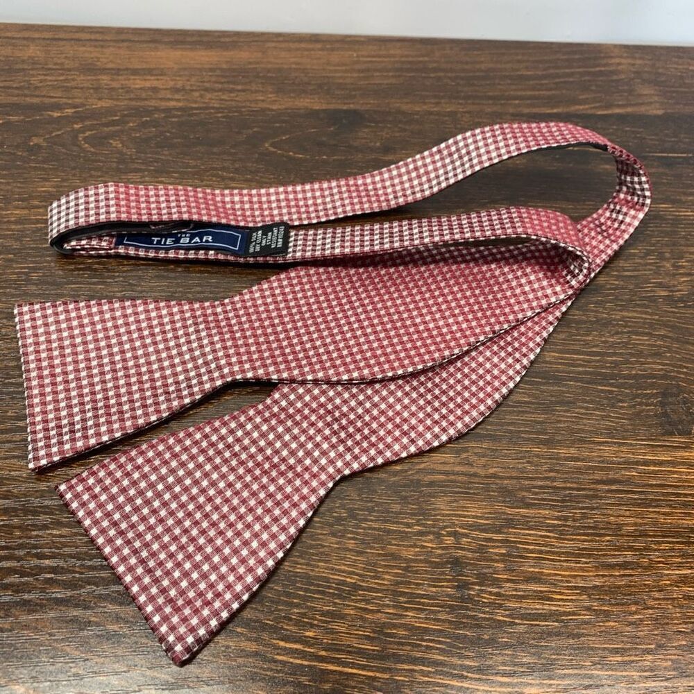 The Tie Bar Men's Gingham Check Silk Bow Tie Red Adjustable